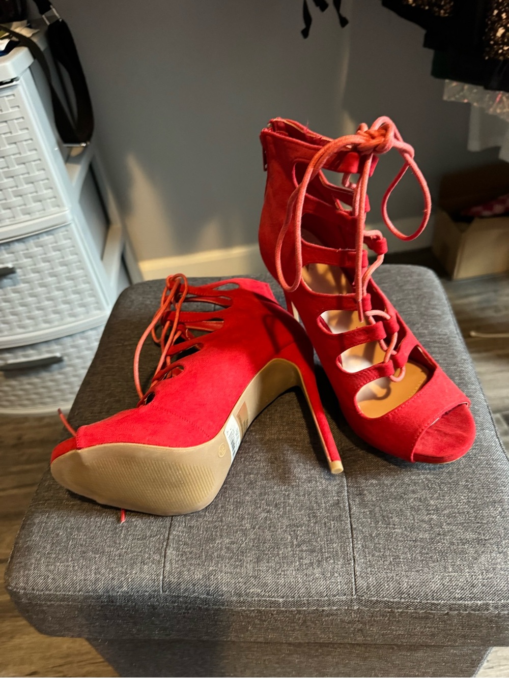 Red Lace-Up Peep Toe High Heels